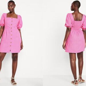 NWT OLD NAVY Puff Sleeve Linen Blend Mini Dress in Vivid Begonia (XL tall)